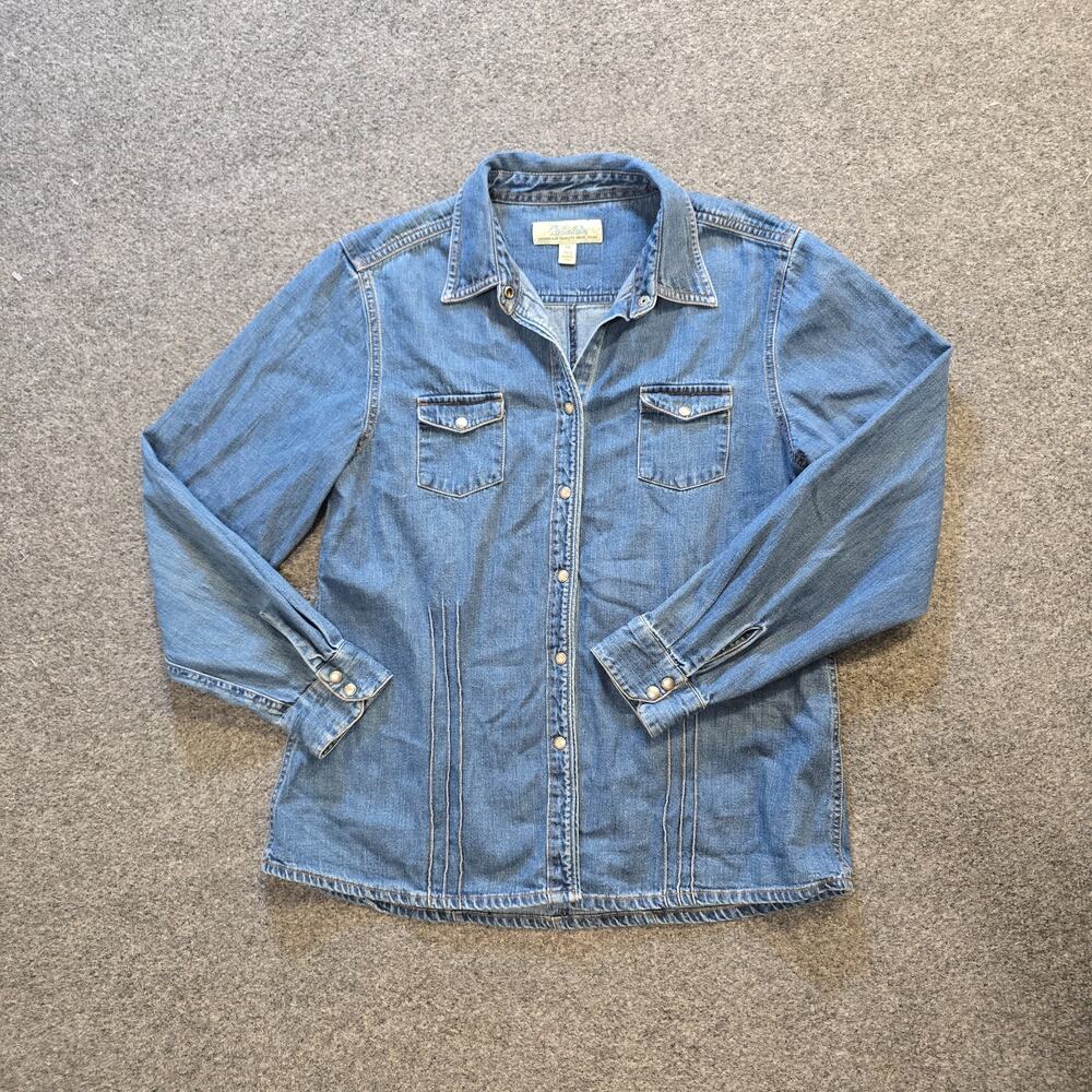 Cabela's Top Womens Size Medium Blue Pocket Pearl Snap Denim Long Sleeve Western